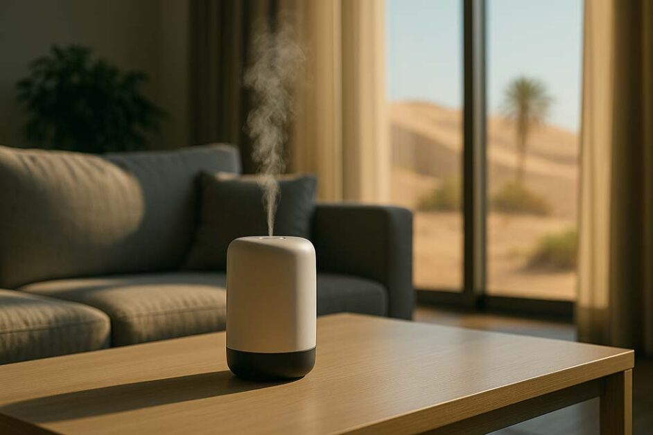 Modern diffuser releasing mist in UAE living room with desert view through window