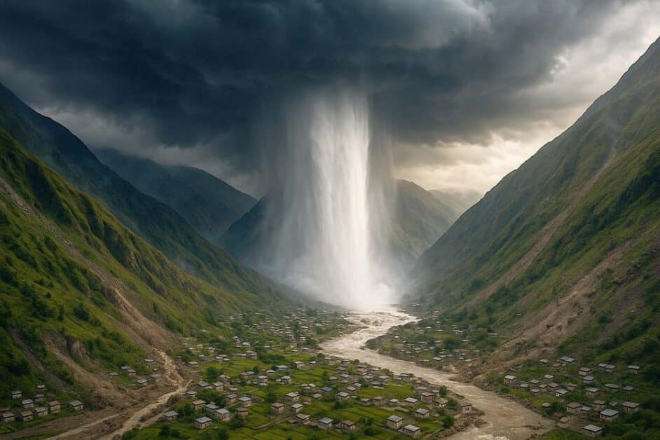 Massive cloudburst unleashing torrential rain over Himalayan valley village