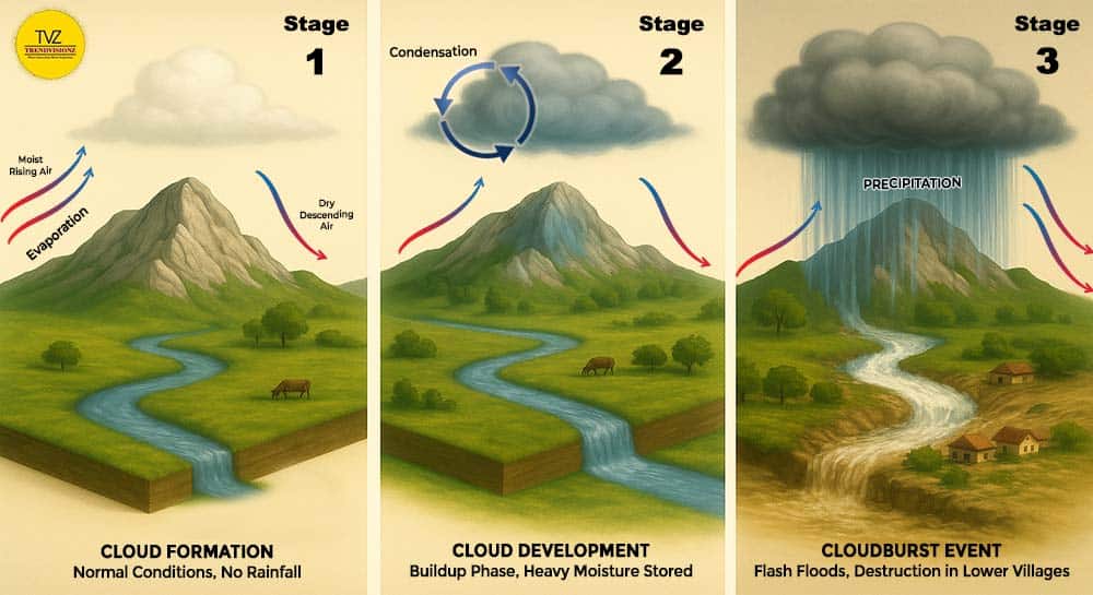 Orographic lift showing evaporation, condensation, and precipitation causing cloudburst