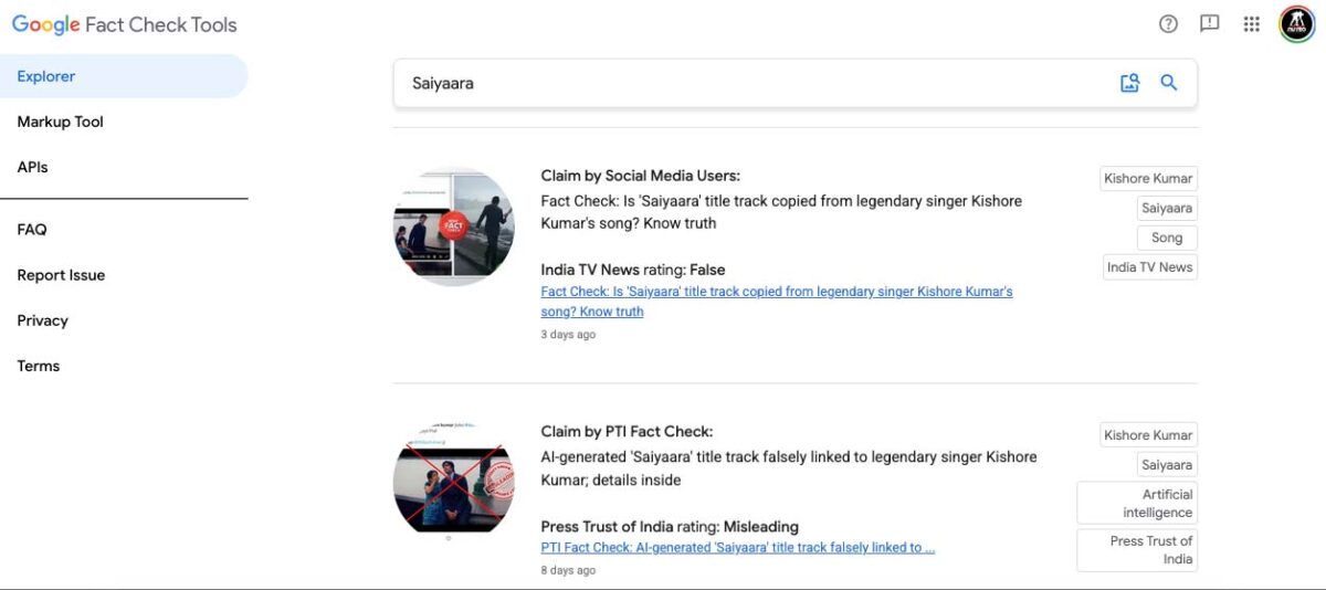 Debunking claims about the Saiyaara song | Google Fact Check tool