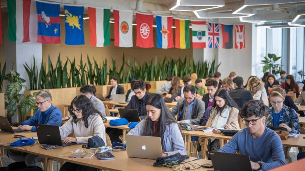 Diverse group of international students Study abroad trends on laptops under global flags in a modern university campus