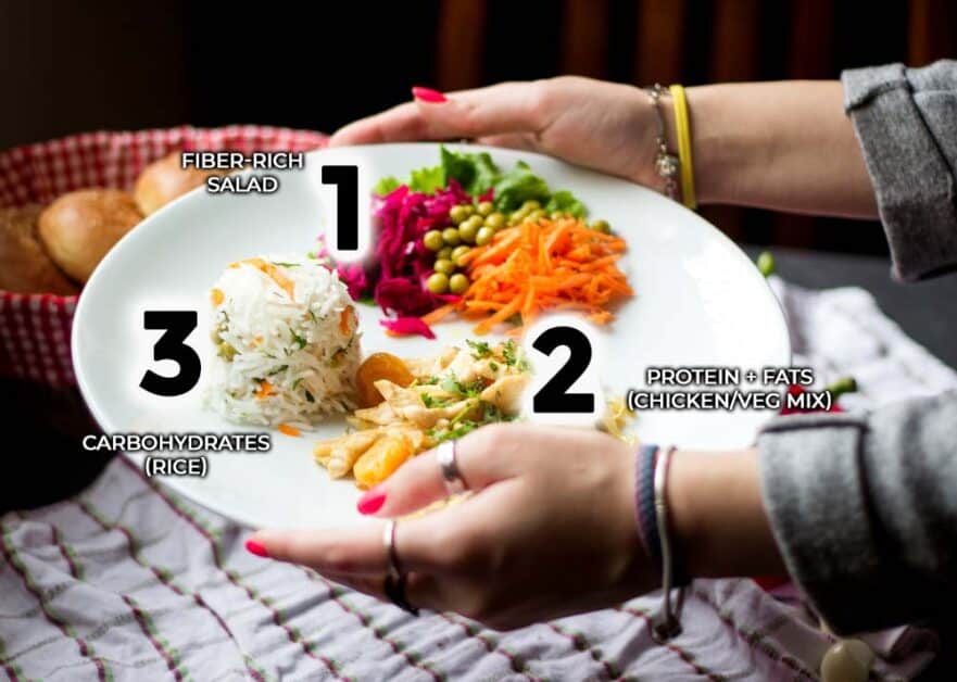 Indian meal plate with fiber, protein, and carbohydrate sequencing