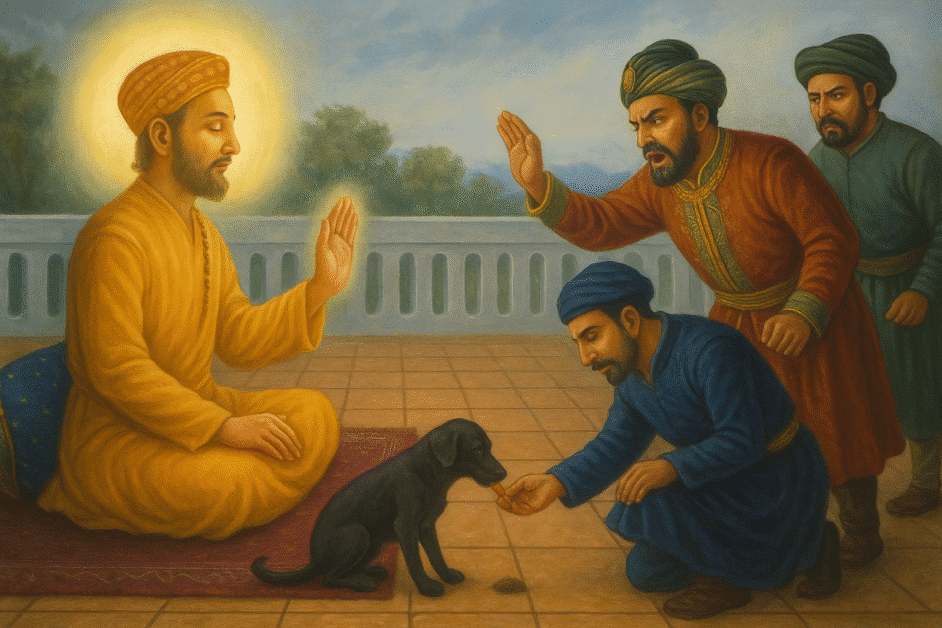 Illustration of Jahangir ordering opium to Maharaj’s dog