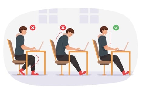 Illustration comparing incorrect sitting habits with proper ergonomic posture