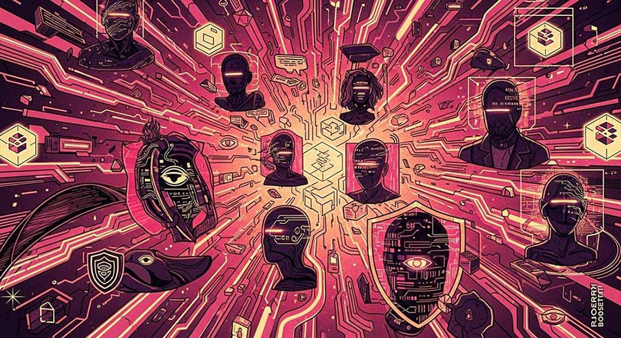 Futuristic illustration showing anonymous digital identities in cryptocurrency networks