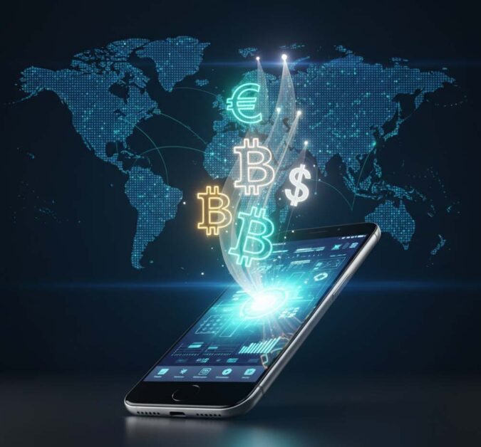 Smartphone displaying crypto transactions with euro, bitcoin, dollar symbols