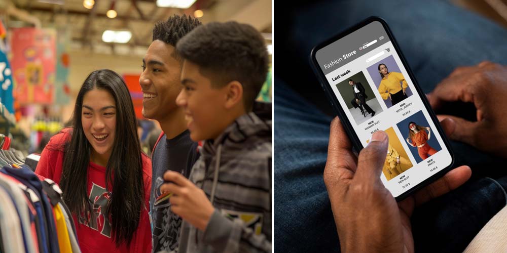 Teens shopping in mall versus online fashion store browsing