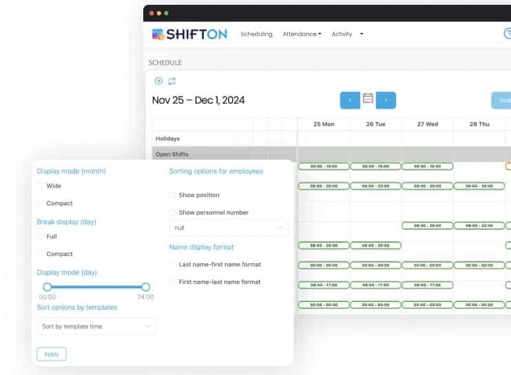 Franchise scheduling tool showing employee shifts with customizable display options.