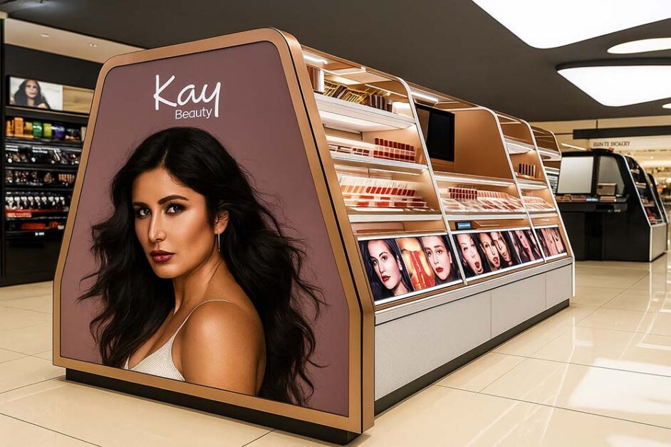 A departmental store with Kay Beauty standee of Katrina Kaif promoting luxury cosmetic brand