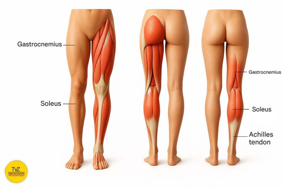 3D render showing male and female leg muscle anatomy