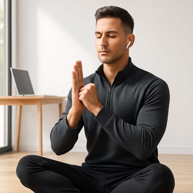 Man practicing NLP anchoring trigger pose in meditation, left hand open and right hand fist pressed into palm, eyes closed with AirPods, symbolizing inner calm and confident leadership.