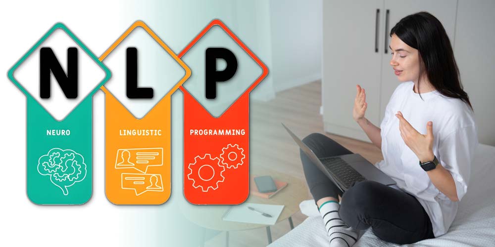 Woman practicing NLP online with Neuro Linguistic Programming concepts illustrated.
