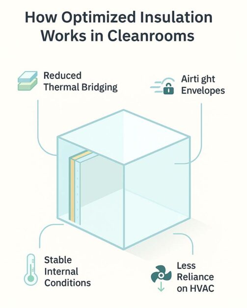 Infographic showing insulation improves cleanroom efficiency and reduces HVAC reliance