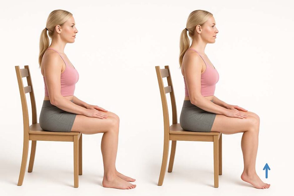 Woman seated on chair performing soleus push-ups step-by-step with heel raise.