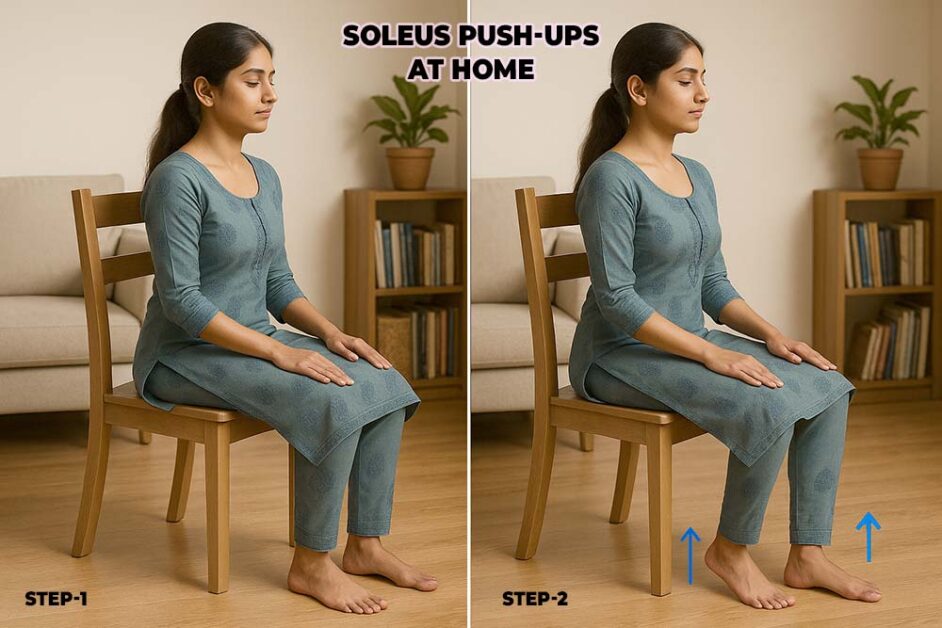 Step-by-step demonstration of soleus push-ups at home by an Indian woman in a salwar suit.