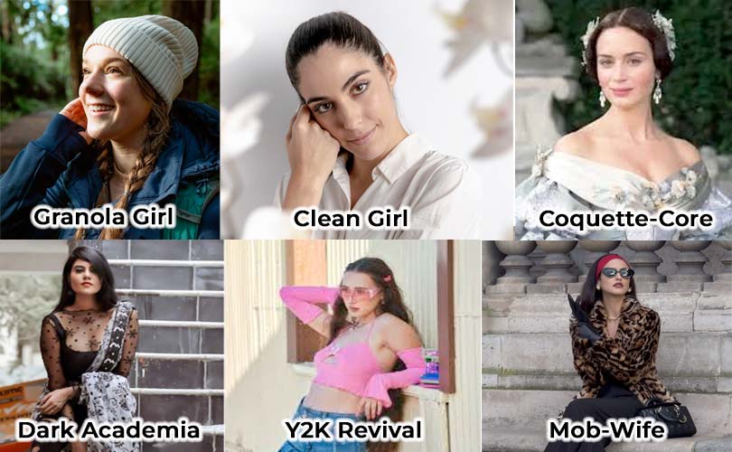 Collage showing six TikTok fashion trends from coquette to Y2K