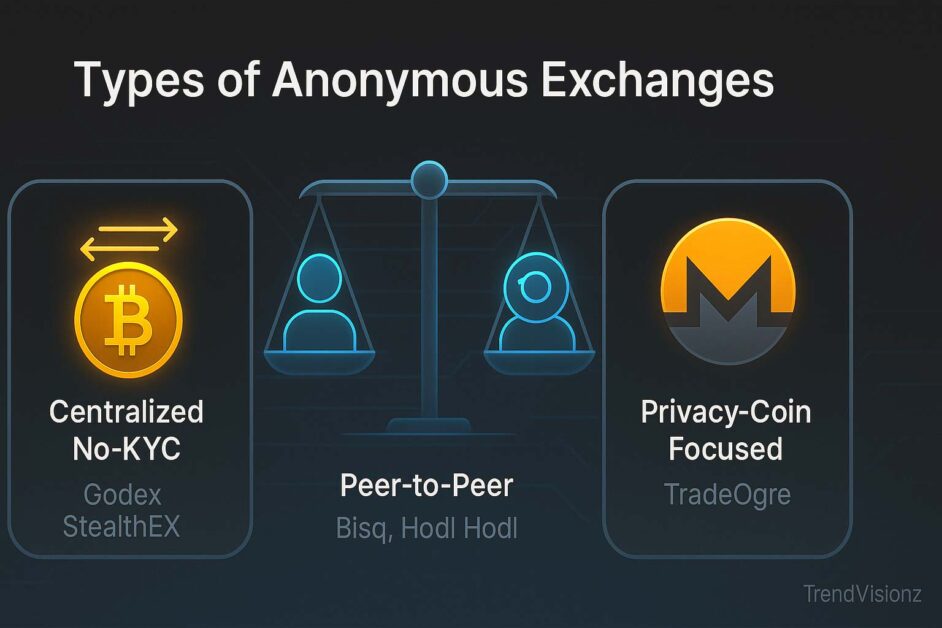 Infographic showing types of anonymous crypto exchanges with examples