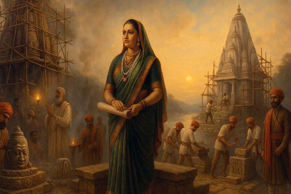 Rani Ahilyabai Holkar overseeing the grand restoration of Mahakaleshwar and Omkareshwar temples — a tribute to Maratha devotion and legacy.