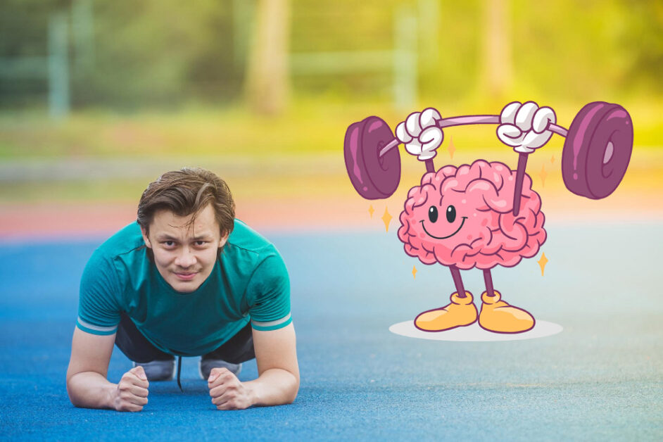 Athlete training with illustration of strong brain lifting weights.