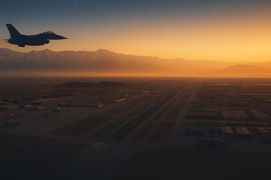 A Fighter Jet flies over Bagram Air Base.