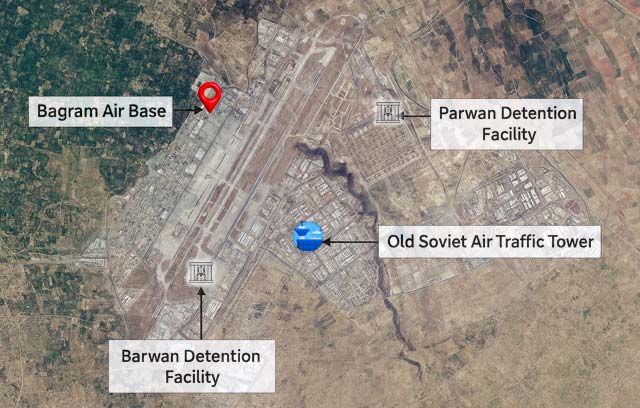 Satellite map showing Bagram Air Base facilities in Afghanistan.
