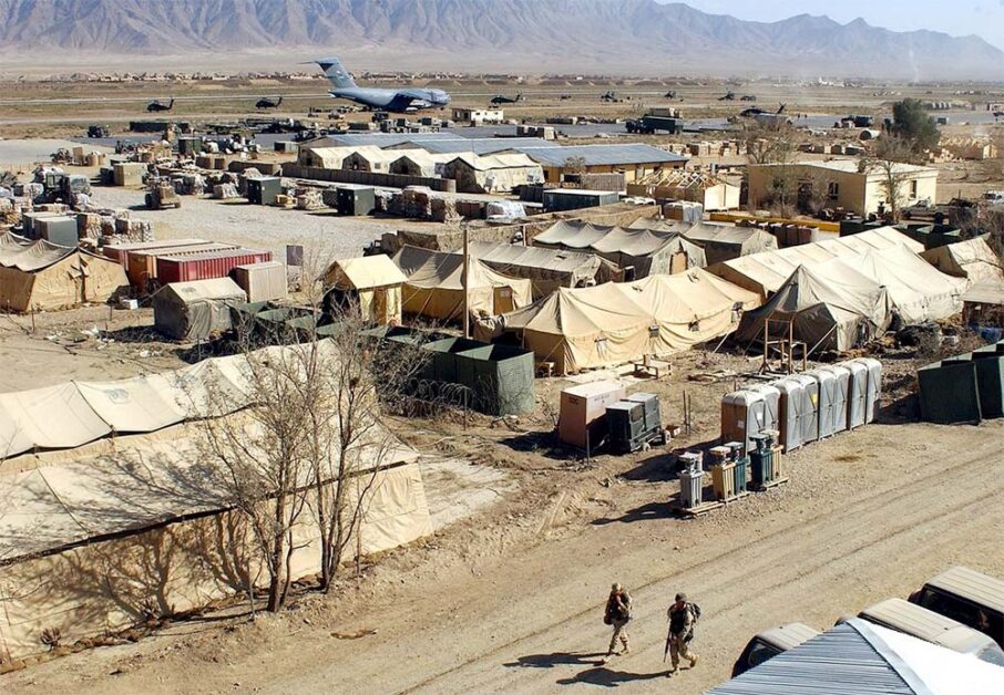 US military tents and aircraft at Bagram before 2021 exit.