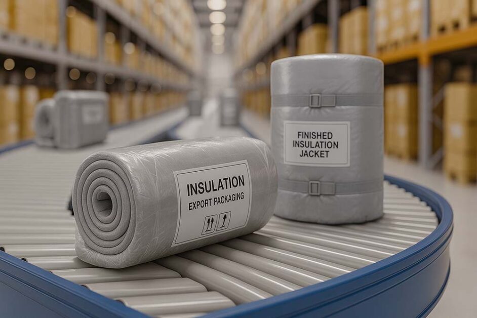 Rolled insulation mats and jackets on conveyor export packaging