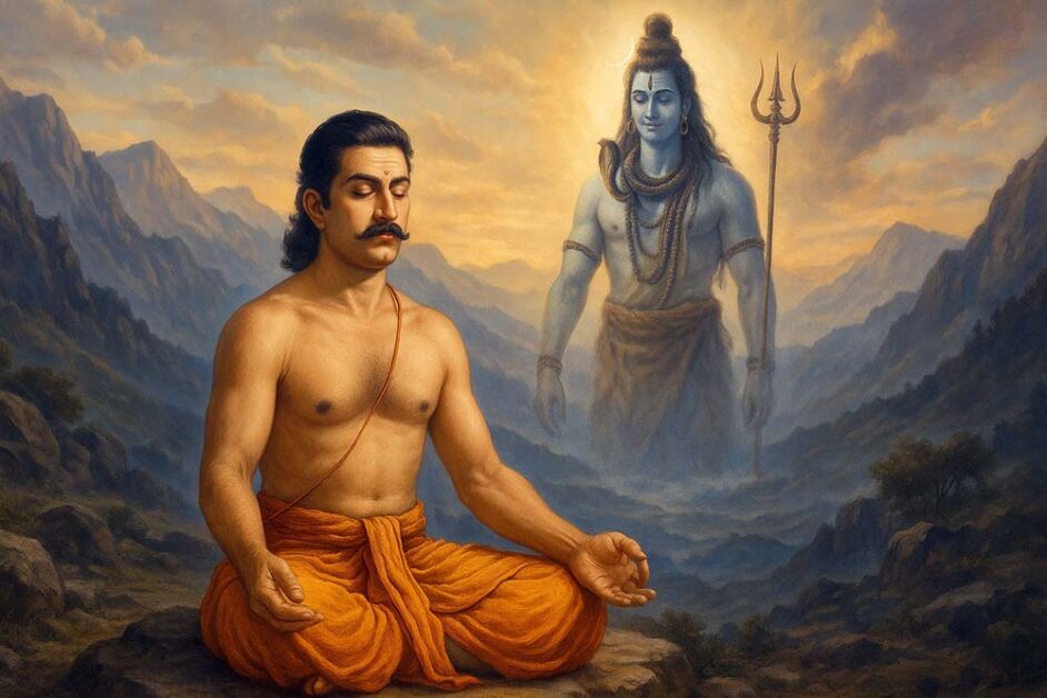 King Mandhata meditating and beholding Lord Shiva’s apparition