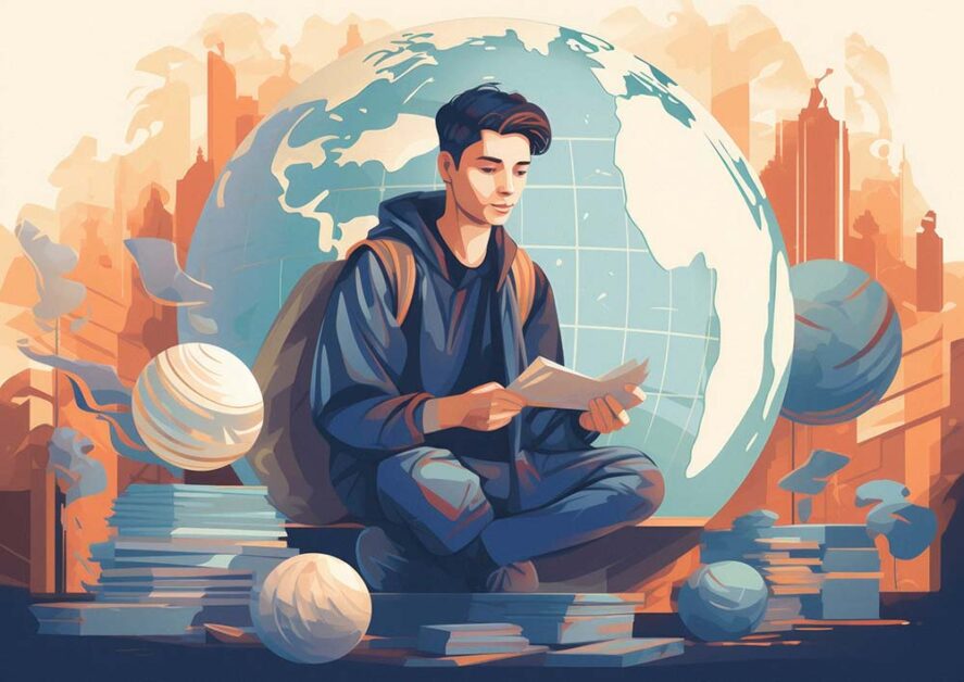 Illustration of student studying with globe symbolizing global immersion learning
