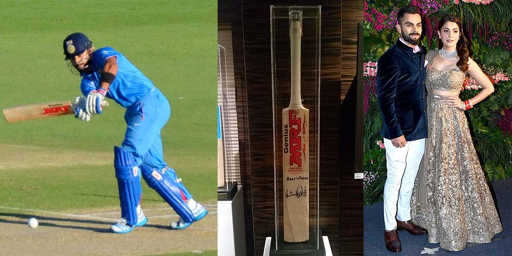 Virat Kohli batting, signed bat, and with Anushka Sharma symbolizing balance in sport and life.