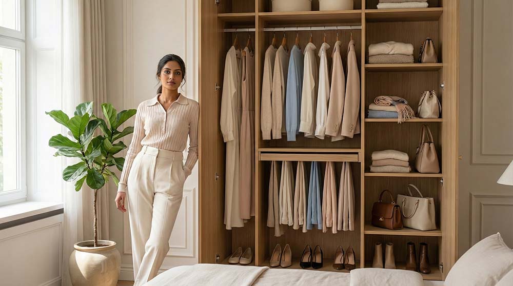 ndian woman standing beside organised neutral capsule wardrobe for budgeting