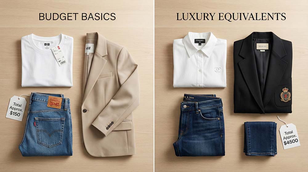 Comparison of budget fashion basics with similar luxury clothing pieces