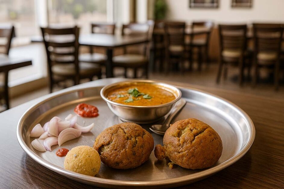 Traditional satvik food: dal bafla thali served with chutney and ghee