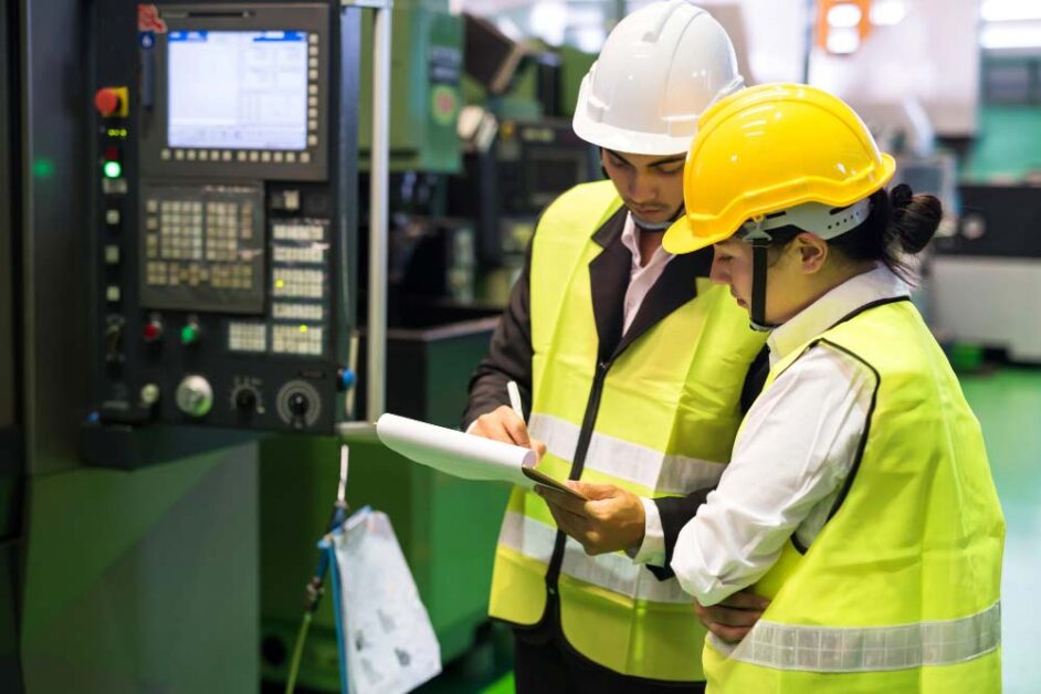 Engineers reviewing digital dashboard in precision manufacturing environment