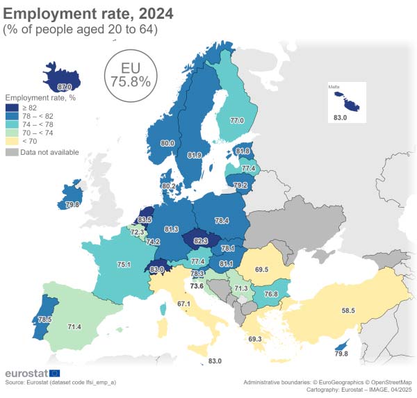 Eurostat 2024 map showing European employment rate trends
