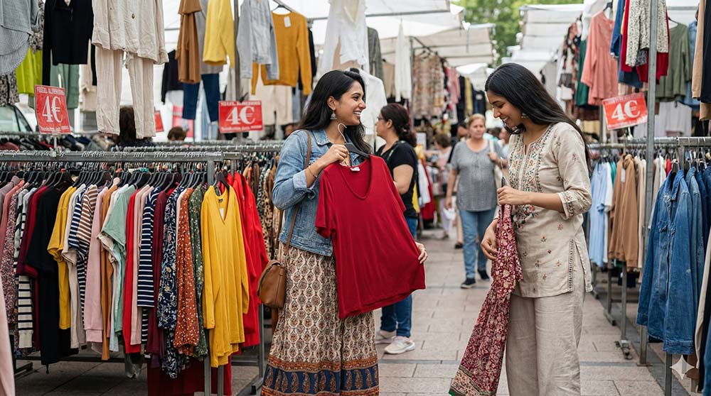 Indian women shopping budget clothes at vibrant street market