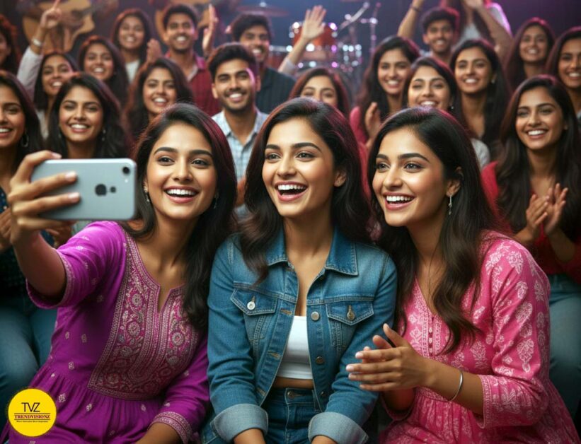 Indian girls capturing selfie at lively bhajan jamming event