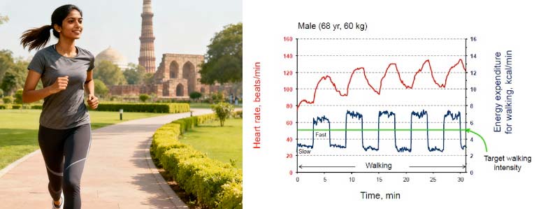 Indian woman walking with graph showing fast and slow interval walking pattern