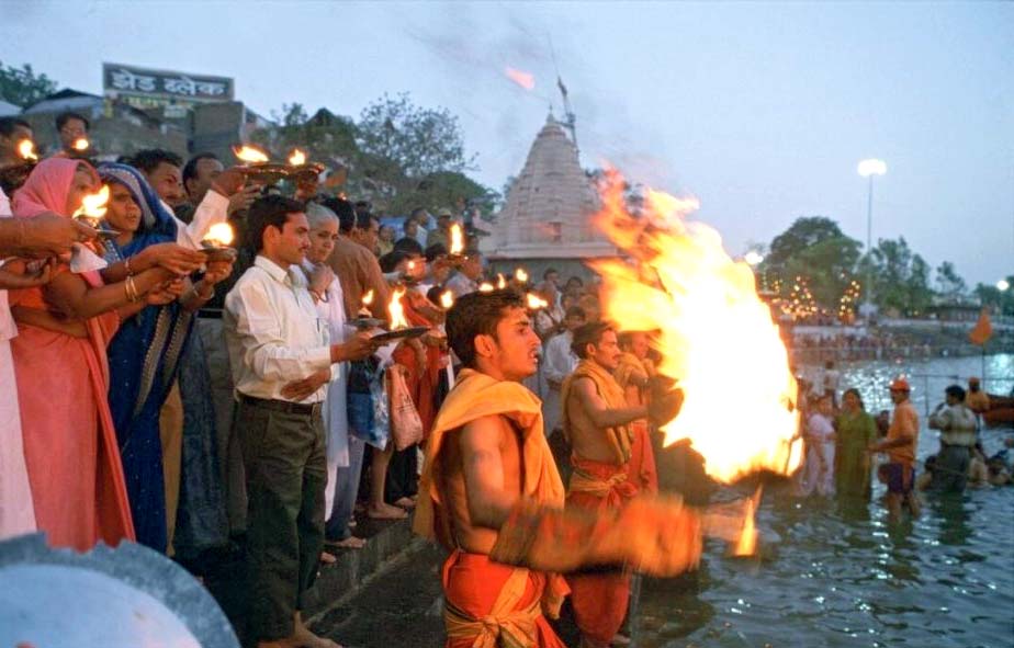 Devotees performing evening Aarti at Ram Ghat near Mahakaleshwar Temple Ujjain