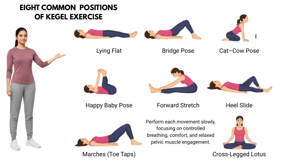 Illustrated positions supporting pelvic floor muscle engagement