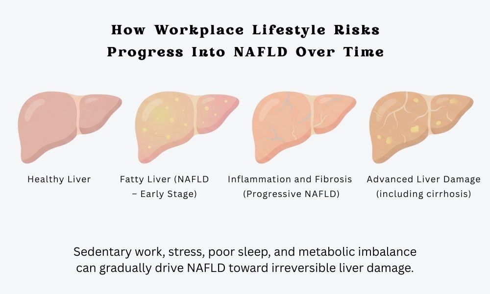 Stages showing progression from healthy liver to advanced NAFLD-related damage
