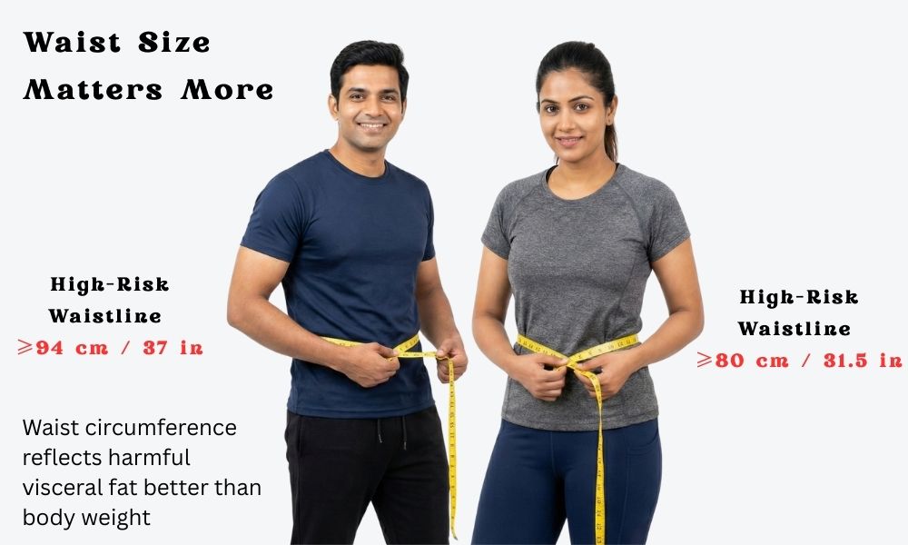 Male and female waist measurements showing fatty liver risk thresholds