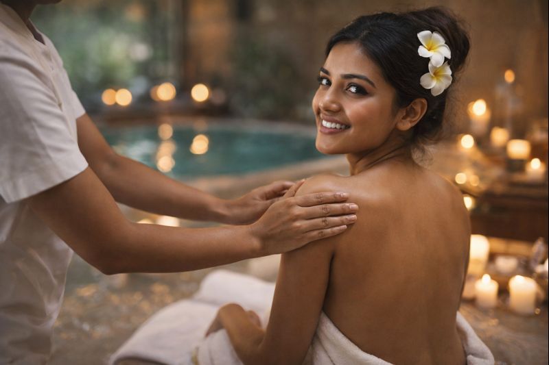 Indian woman receiving luxury spa massage abroad