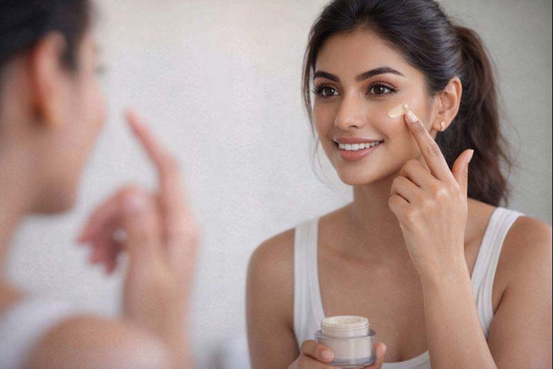 Applying lightweight moisturiser before nude makeup on oily skin