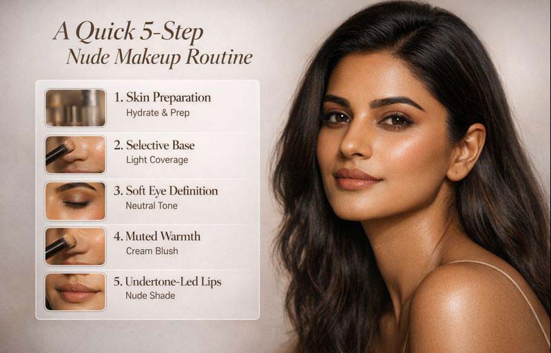 Cinematic nude makeup routine with skin-first, undertone-led steps