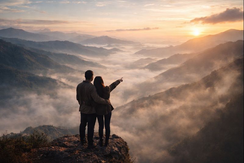 Couple exploring cinematic mountain landscapes for set-jetting travel