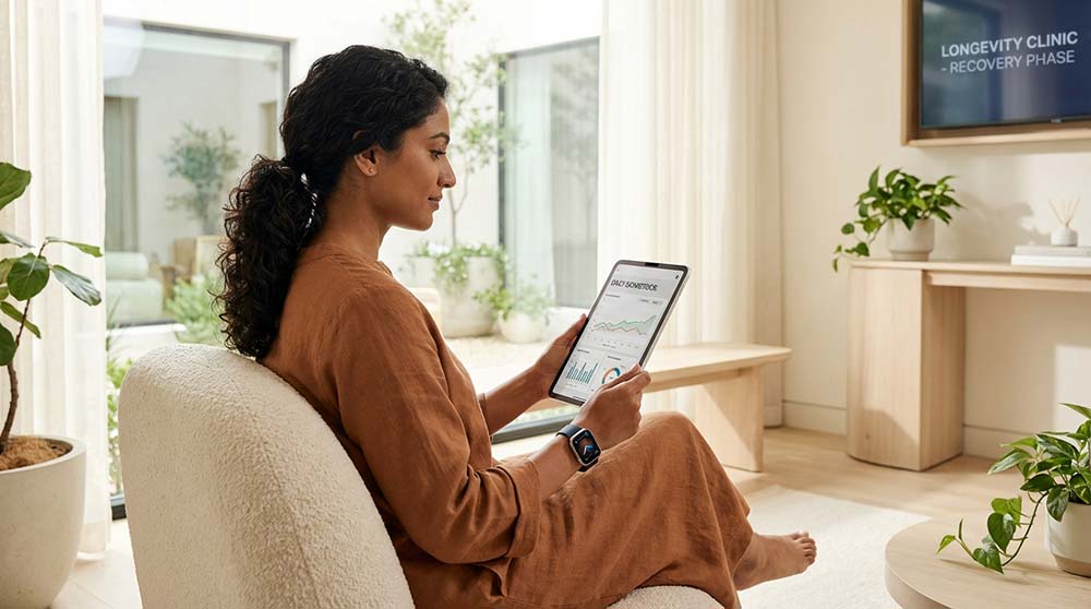 Biohacking resort guest reviewing wearable health data on tablet