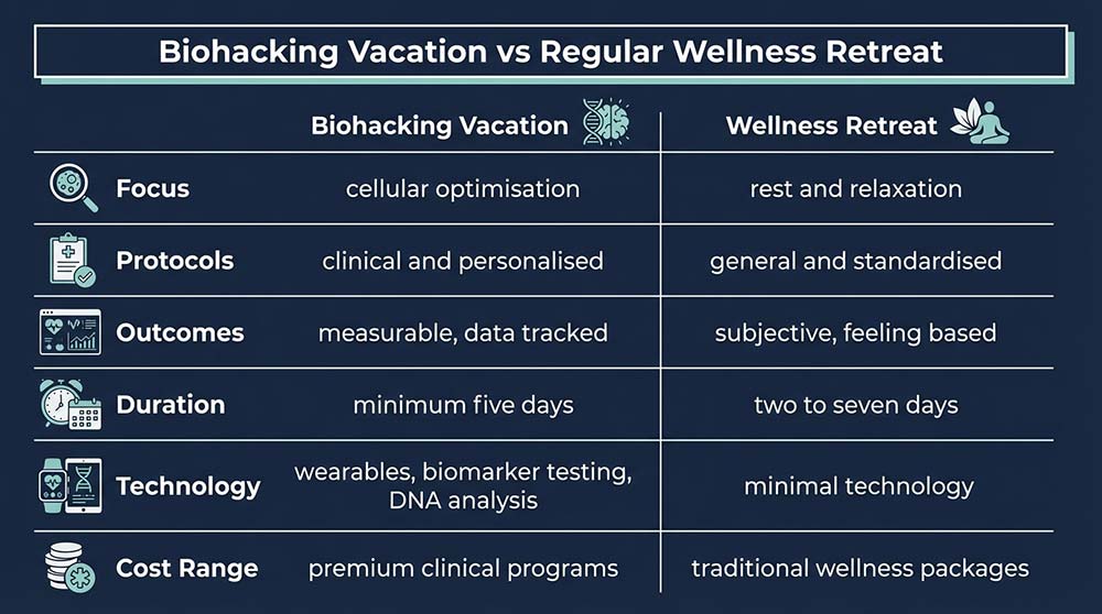 Biohacking vacation vs wellness retreat clinical comparison infographic
