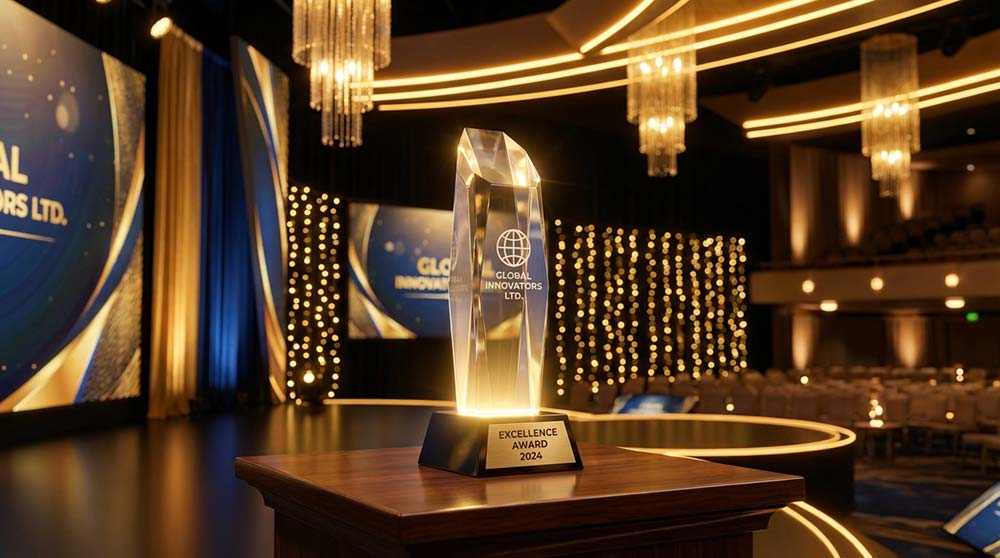 Crystal tower corporate award displayed on illuminated awards ceremony stage