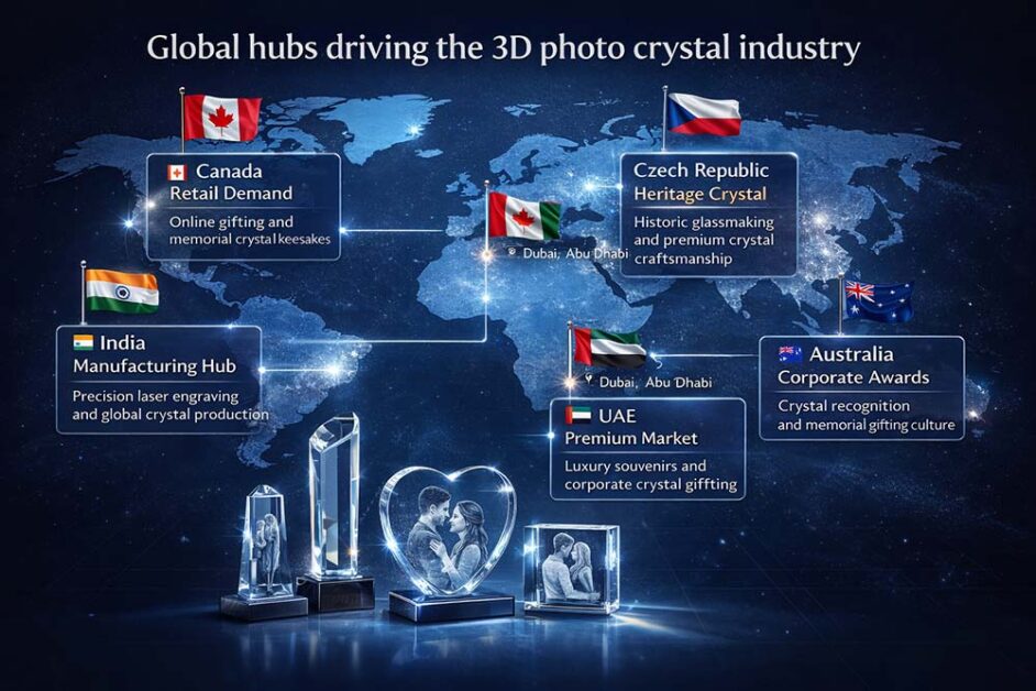World map showing global hubs of 3D photo crystal industry